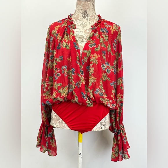 MISSGUIDED  Red floral surplice poet sleeve bodysuit size 10 - Picture 8 of 15